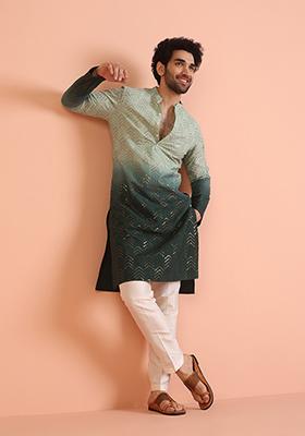 Green Embellished Cotton Kurta Set For Men