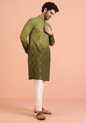 Green Embellished Cotton Kurta Set For Men