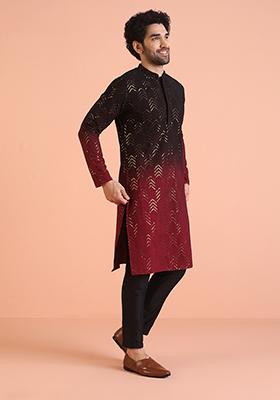Maroon Embellished Cotton Kurta Set For Men