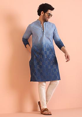 Blue Embellished Cotton Kurta Set For Men