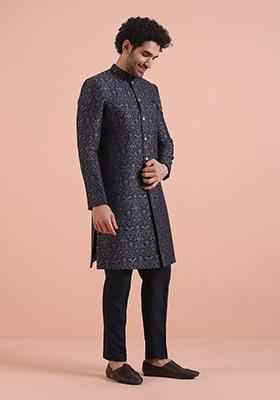 Navy Blue Jacquard Silk Blend Indo Western Sherwani Set For Men