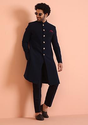 Navy Blue Solid Cotton Indo Western Sherwani Set For Men