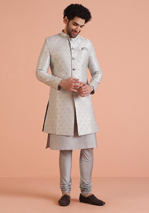 Grey Jacquard Silk Blend Indo Western Sherwani Set For Men