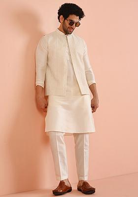 Off White Embroidered Georgette Nehru Jacket Set For Men