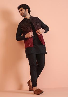 Maroon Embellished Cotton Nehru Jacket Set For Men