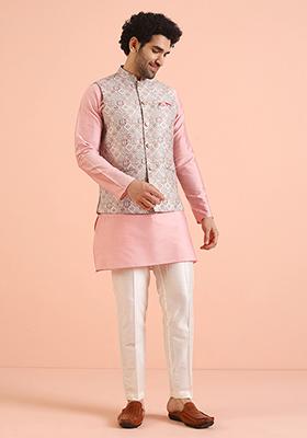 Multi Colour Jacquard Silk Blend Nehru Jacket Set For Men