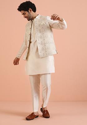 Off White Jacquard Silk Blend Nehru Jacket Set For Men