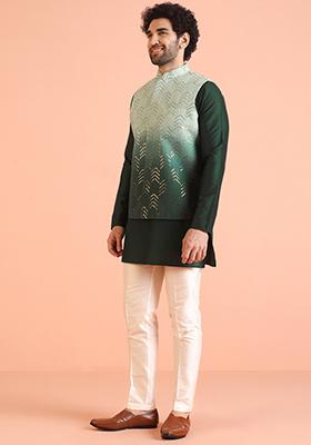 Green Embellished Cotton Nehru Jacket Set For Men