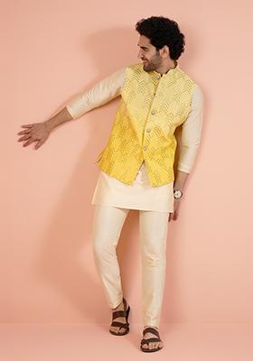 Yellow Embellished Cotton Nehru Jacket Set For Men