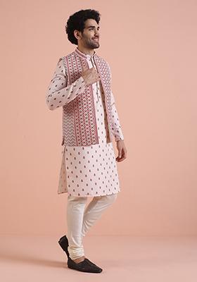 White Printed Cotton Nehru Jacket Set For Men
