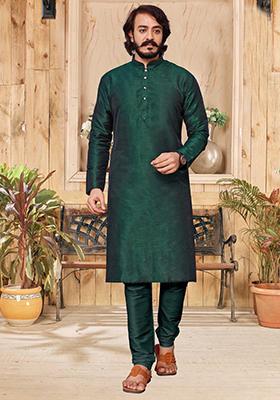 Green Embroidered Silk Kurta Set For Men