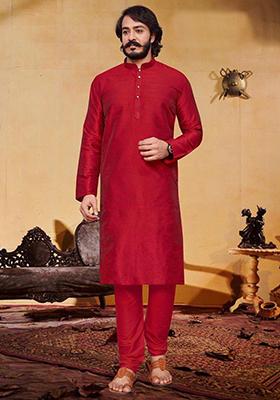 Maroon Embroidered Silk Kurta Set For Men