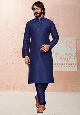 Navy Blue Embroidered Silk Kurta Set For Men