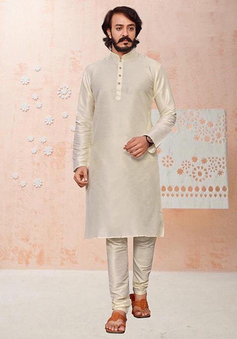 White Embroidered Silk Kurta Set For Men