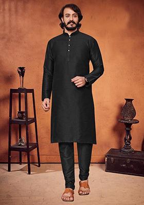 Black Embroidered Silk Kurta Set For Men