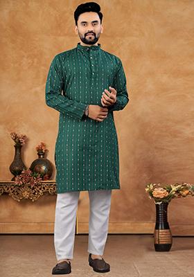 Green Embroidered Jacquard Kurta Set For Men
