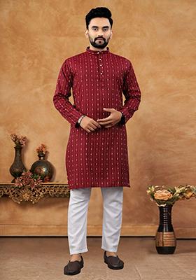 Maroon Embroidered Jacquard Kurta Set For Men