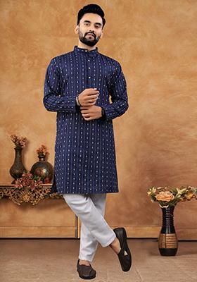 Navy Blue Embroidered Jacquard Kurta Set For Men