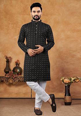 Black Embroidered Jacquard Kurta Set For Men