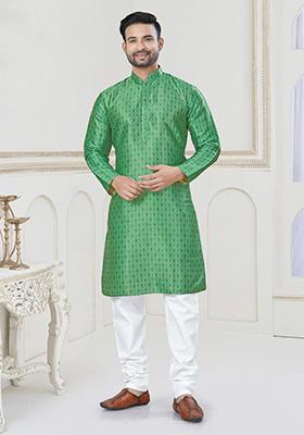 Green Embroidered Jacquard Kurta Set For Men