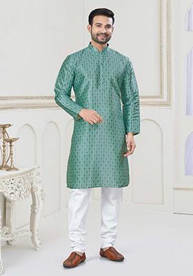 Rama Green Embroidered Jacquard Kurta Set For Men