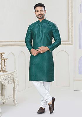 Teal Blue Embroidered Jacquard Kurta Set For Men