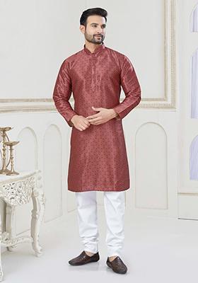 Maroon Embroidered Jacquard Kurta Set For Men