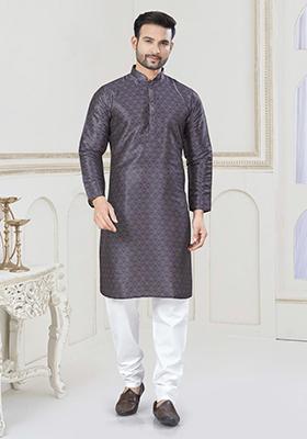 Purple Embroidered Jacquard Kurta Set For Men
