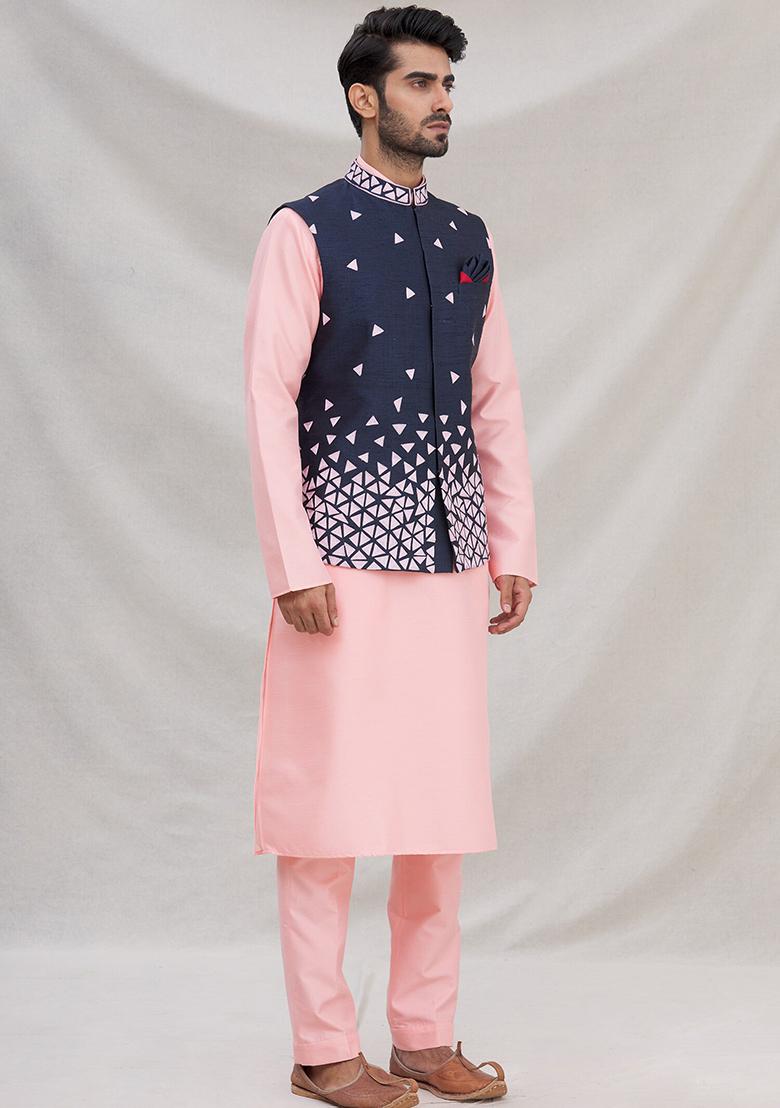 Pink Embroidered Silk Nehru Jacket Set For Men