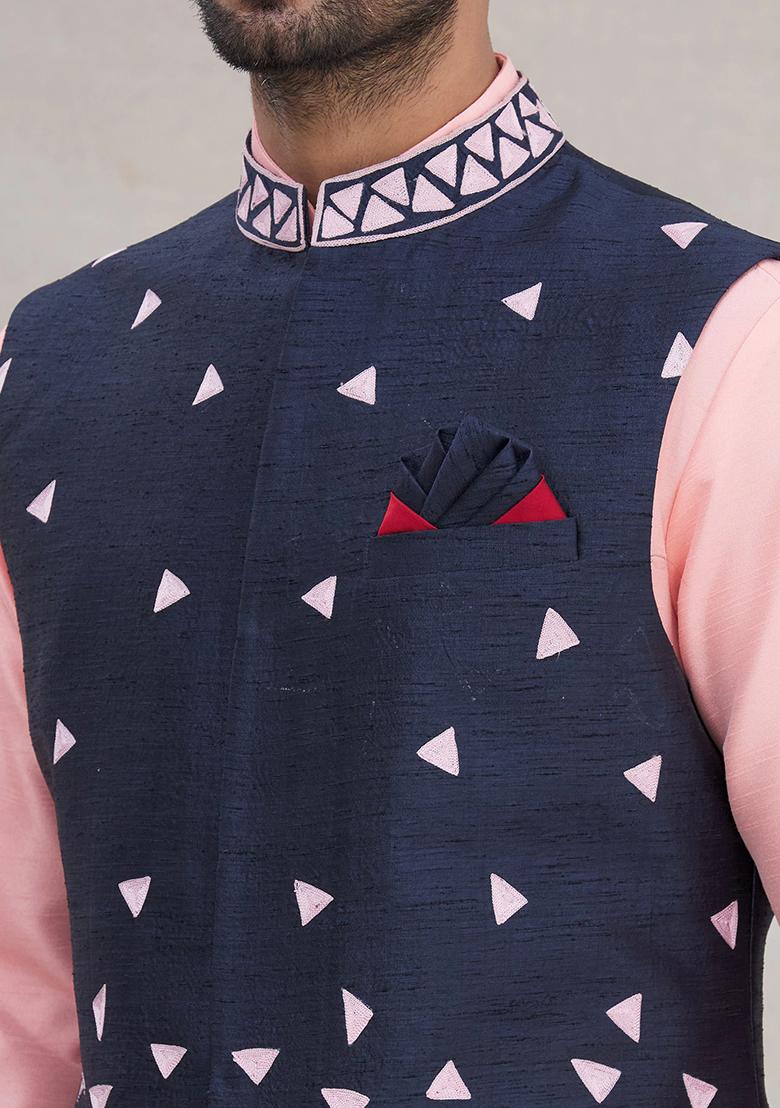Pink Embroidered Silk Nehru Jacket Set For Men