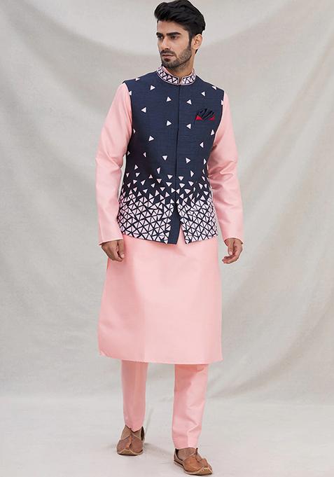 Pink Embroidered Silk Nehru Jacket Set For Men