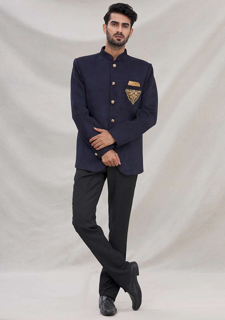 Navy Blue Embroidered Cotton Bandhgala For Men - Indya