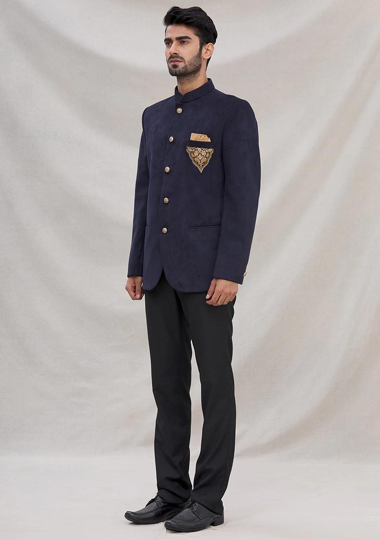 Navy Blue Embroidered Cotton Bandhgala For Men