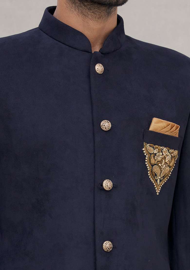Navy Blue Embroidered Cotton Bandhgala For Men - Indya
