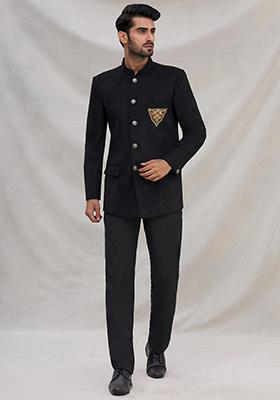 Black Embroidered Cotton Bandhgala For Men