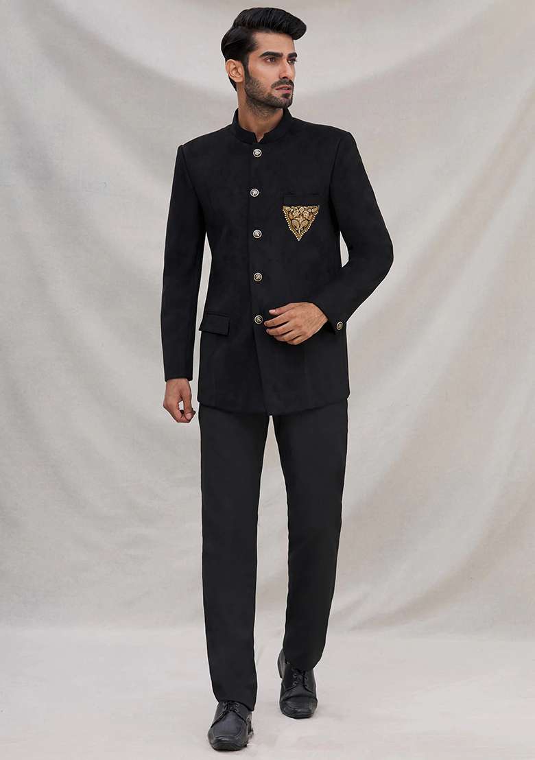 Black Embroidered Cotton Bandhgala For Men - Indya
