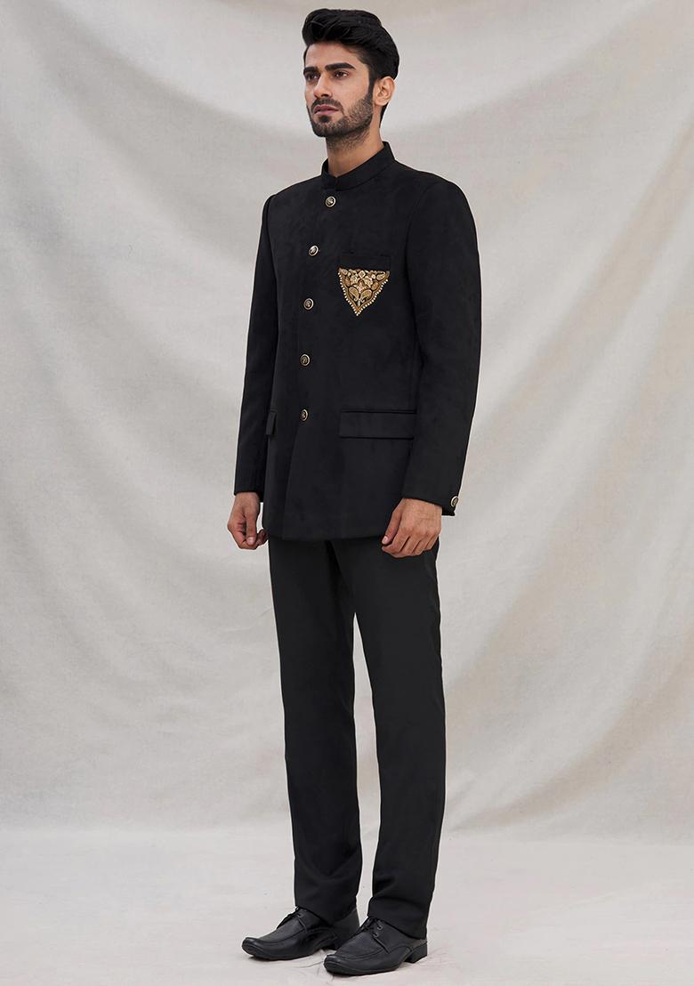 Black Embroidered Cotton Bandhgala For Men