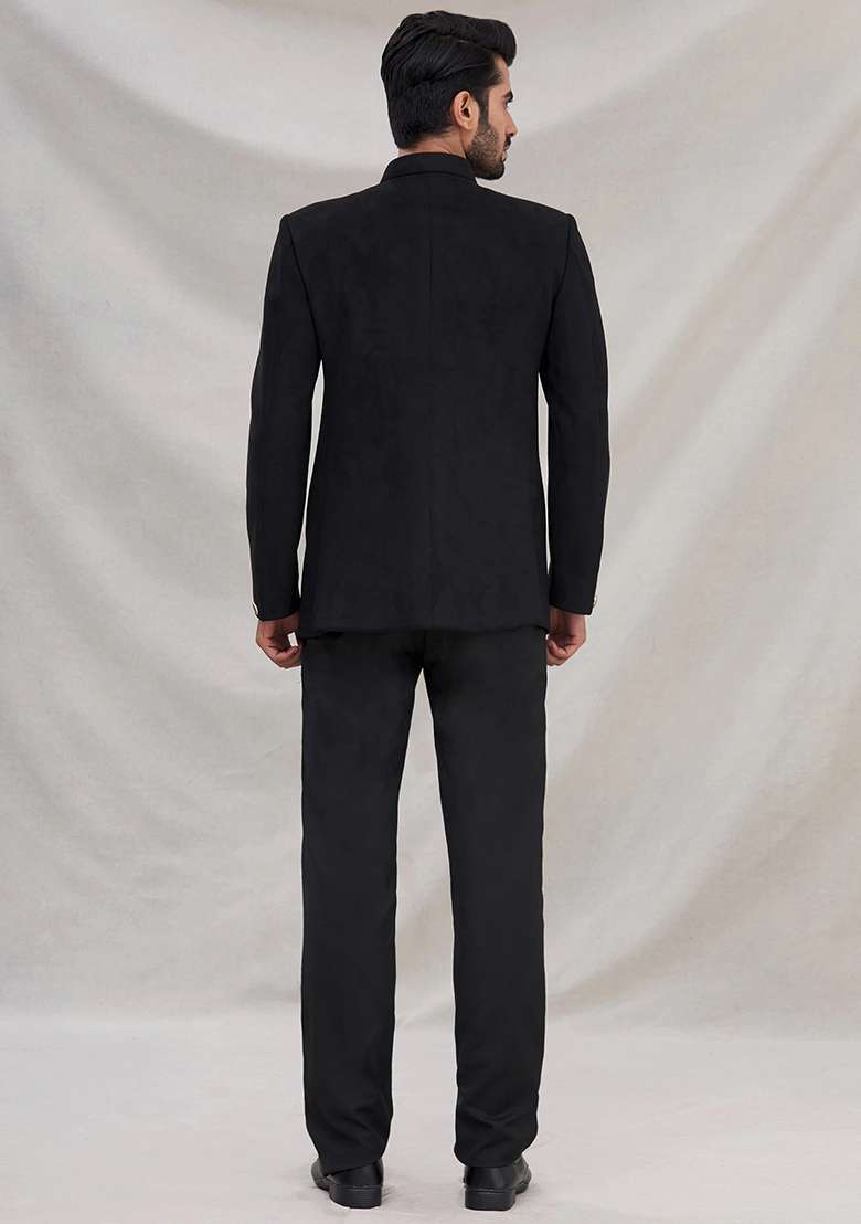 Black Embroidered Cotton Bandhgala For Men - Indya