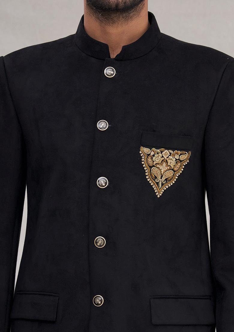 Black Embroidered Cotton Bandhgala For Men