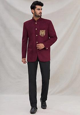 Wine Embroidered Cotton Bandhgala For Men