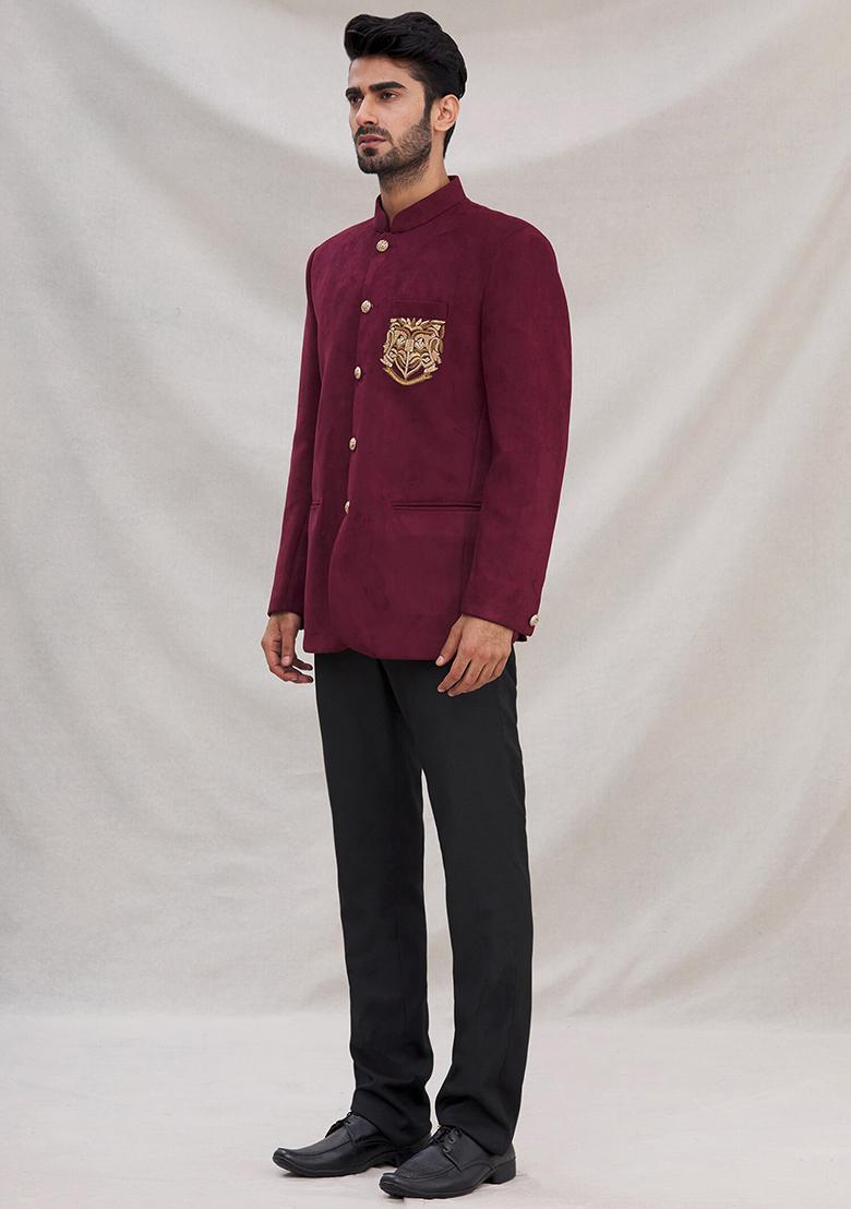 Wine Embroidered Cotton Bandhgala For Men