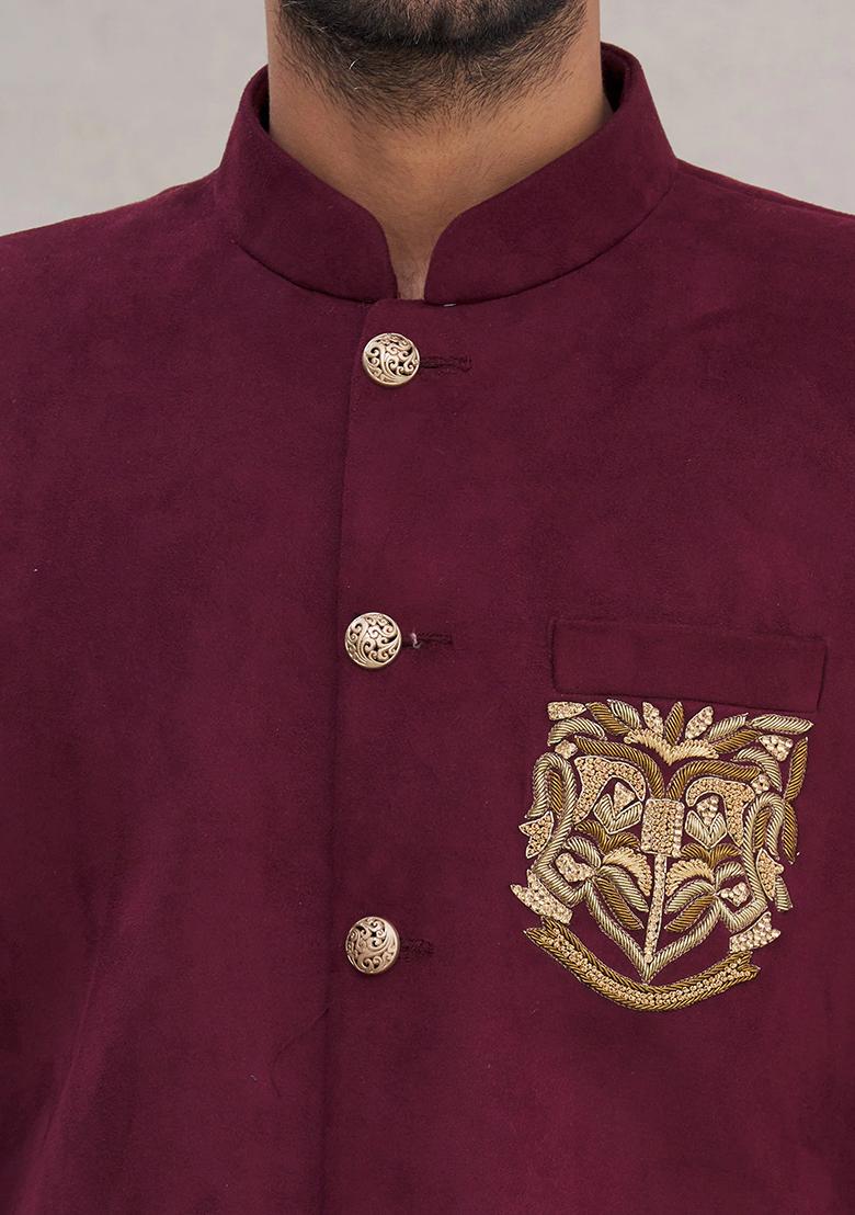 Wine Embroidered Cotton Bandhgala For Men