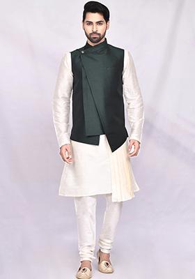 Cream Solid Silk Nehru Jacket Set For Men