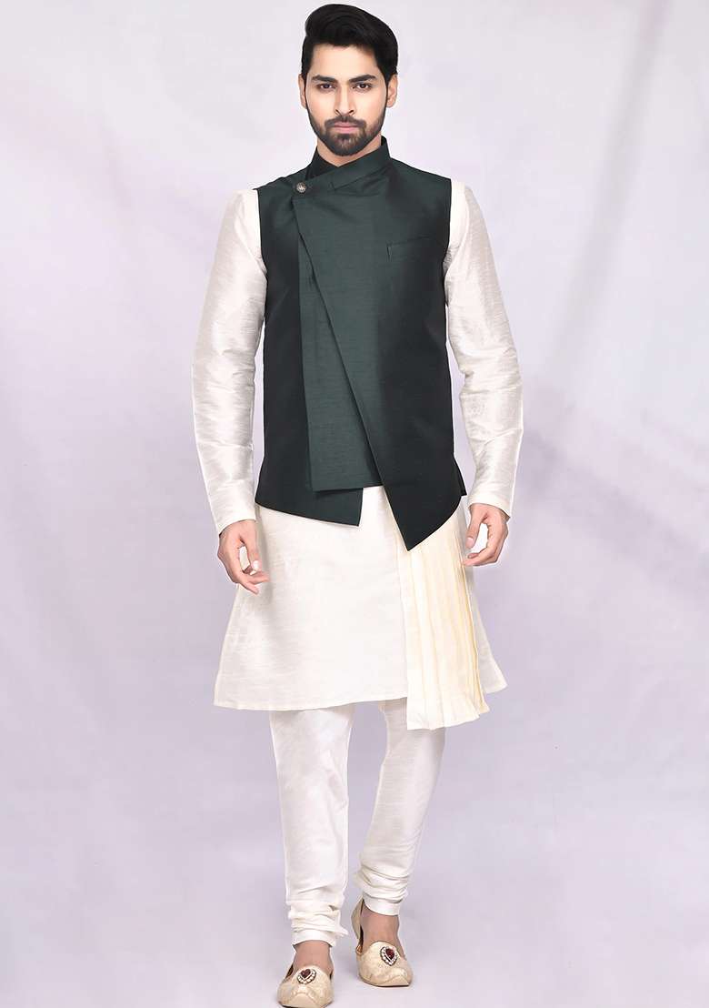 Cream Solid Silk Blend Nehru Jacket Set For Men - Indya