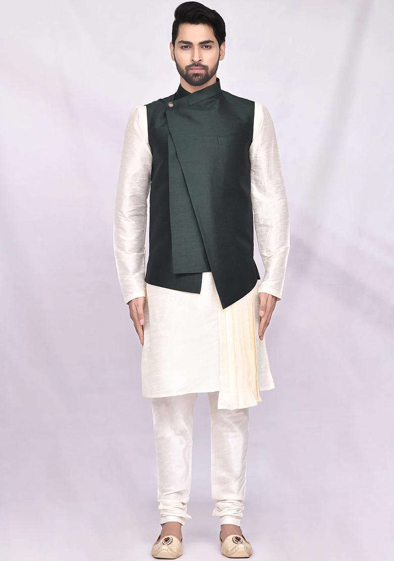Cream Solid Silk Nehru Jacket Set For Men