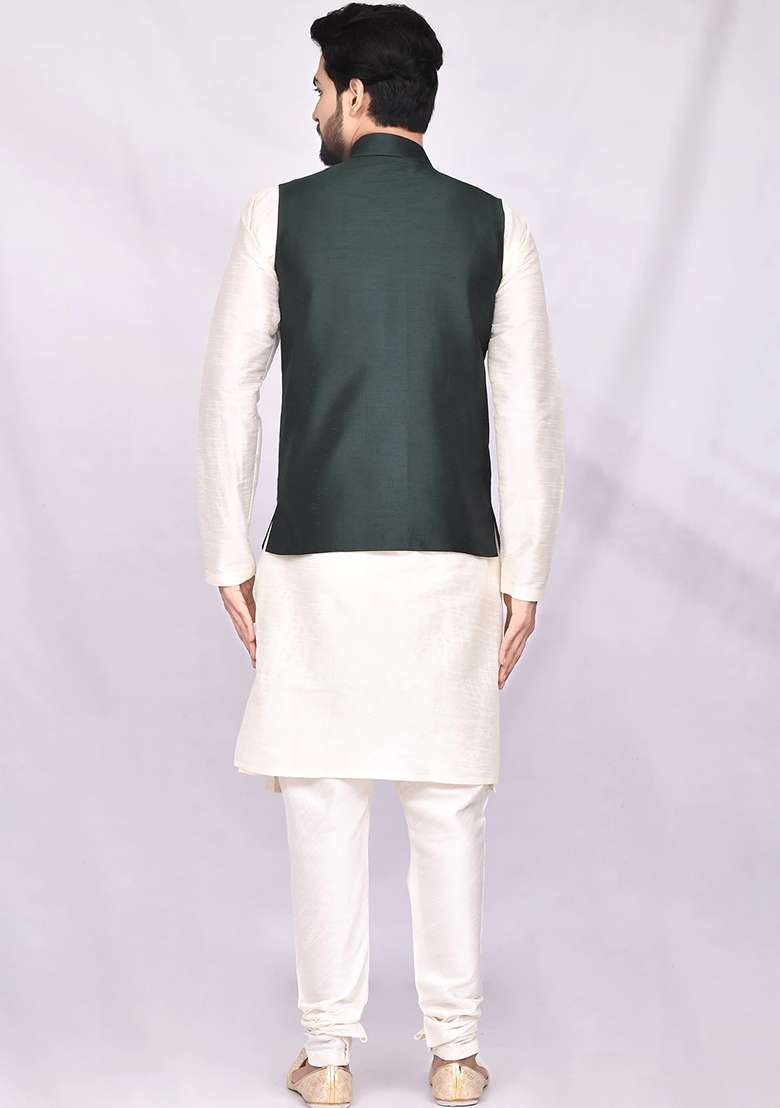 Cream Solid Silk Blend Nehru Jacket Set For Men - Indya