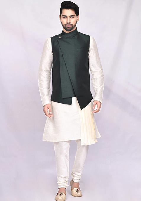 Cream Solid Silk Nehru Jacket Set For Men