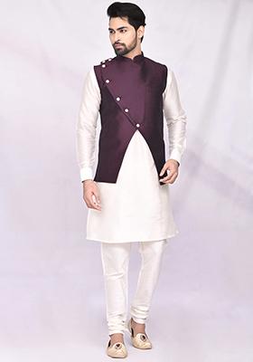 Cream Solid Silk Nehru Jacket Set For Men