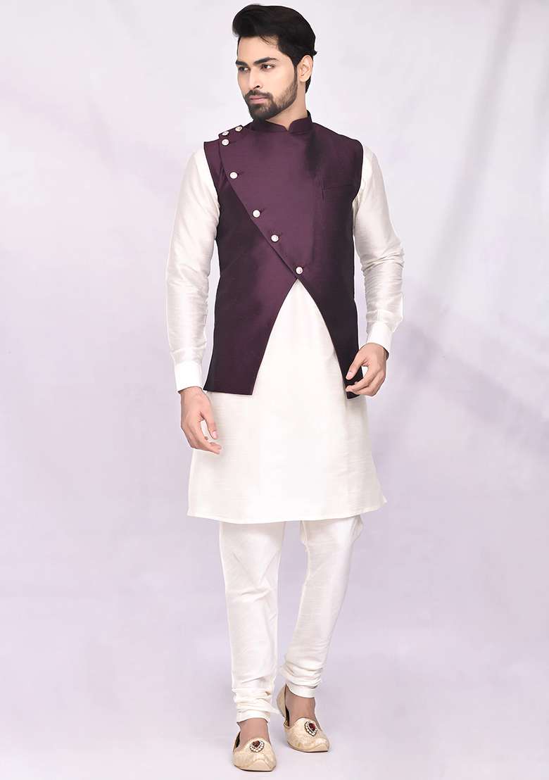 Cream Solid Silk Blend Nehru Jacket Set For Men - Indya
