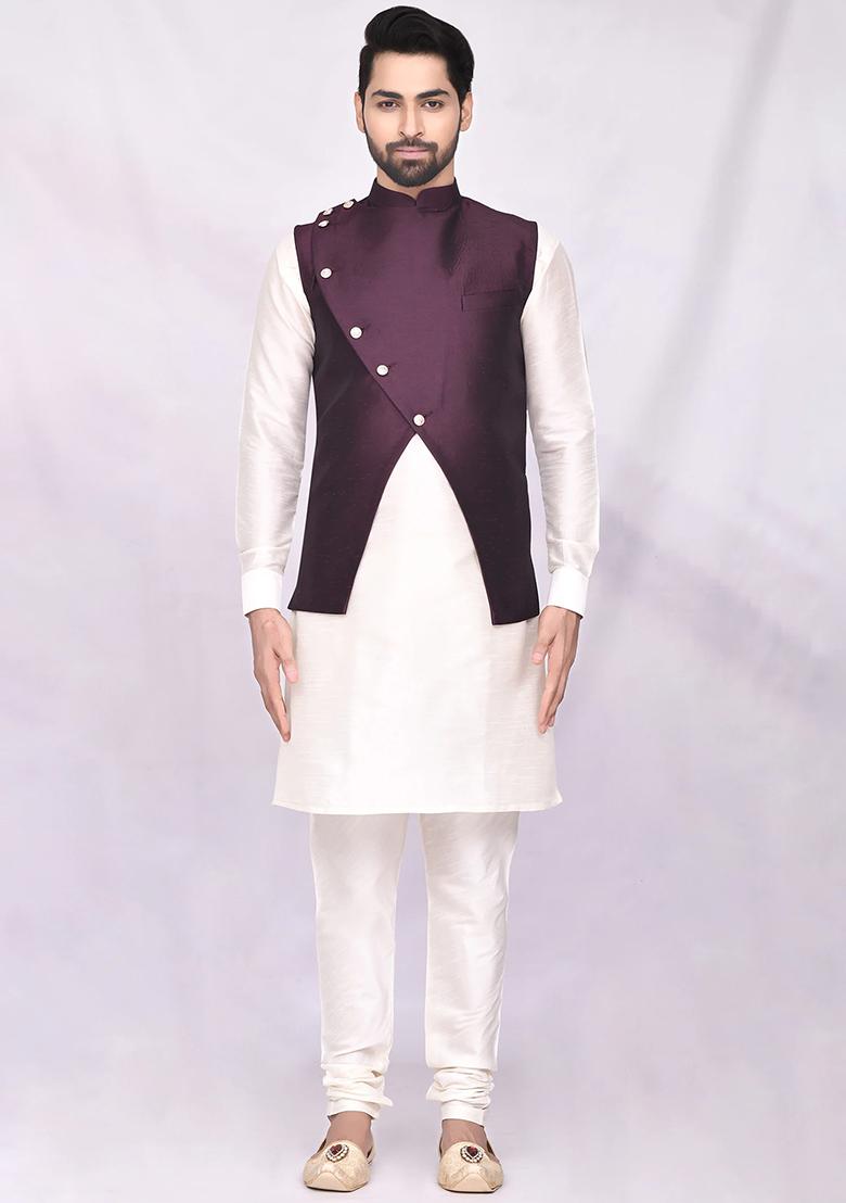 Cream Solid Silk Nehru Jacket Set For Men